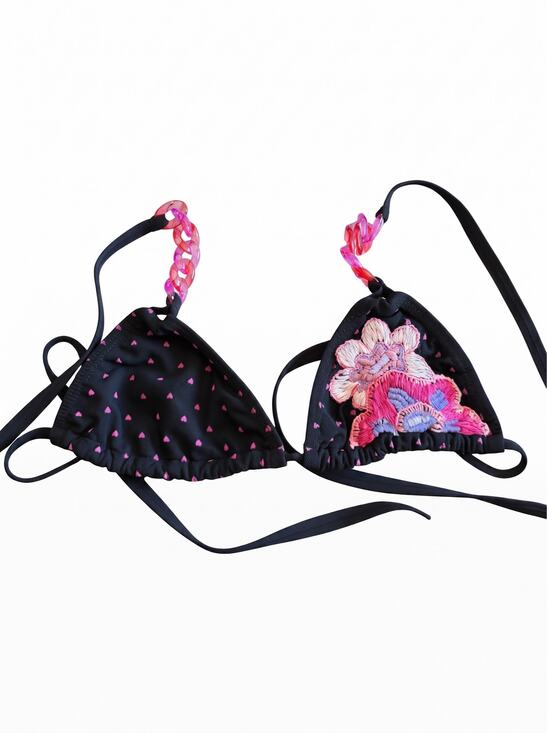 Agua Bendita Other - Agua Bendita Embroidered Triangle Bikini Top Black Pink Size Medium